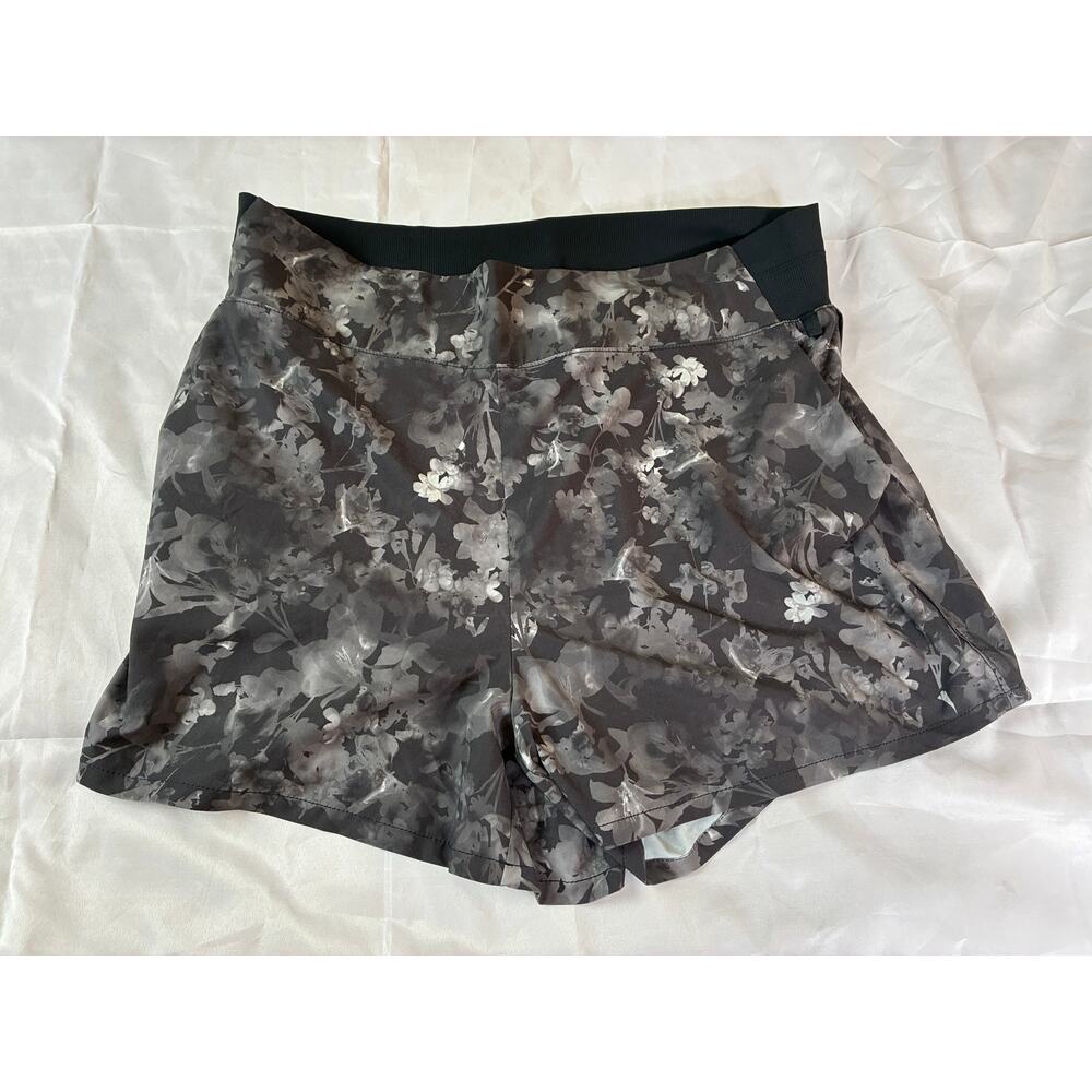 Athleta Womens 18 Floral Print Running Shorts Black Gray Built In Liner